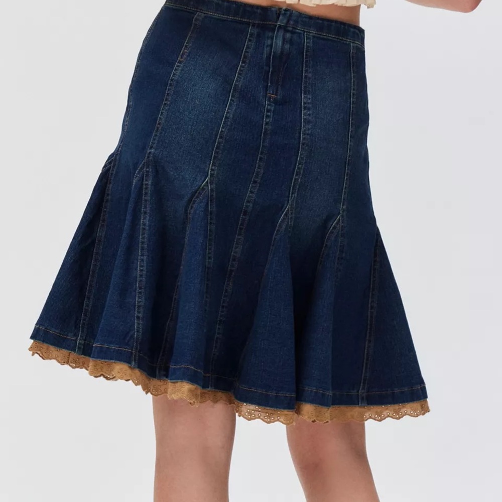 Kimchi Blue Dark Blue Denim A-Line Skirt with Tan Lace Trim